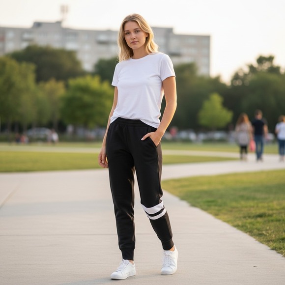 Hollister Pants - Hollister Womens Black Fleece Relaxed Fit Sweatpants White Stripes Size M